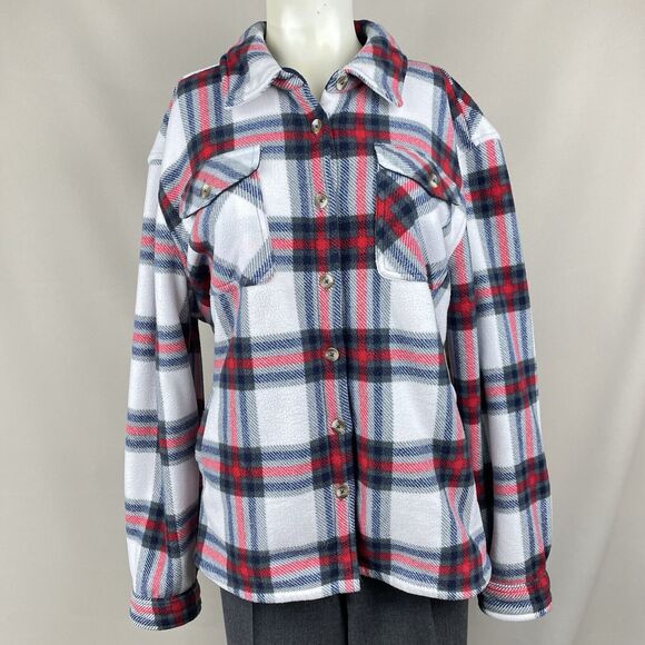 Sage Collective Plaid Shacket Womens XL White Red Blue Sherpa Lined Classic Gorp - Picture 2 of 16